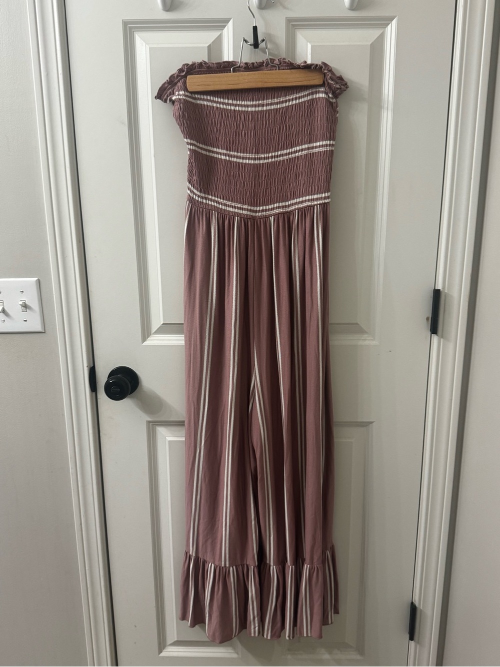 Altar'd State Dusty Rose Striped Smocked Off-Shoulder Jumpsuit